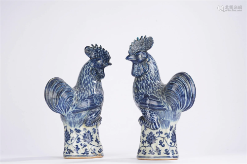 Pair of Chinese Blue and White Zoomorphic Roosters