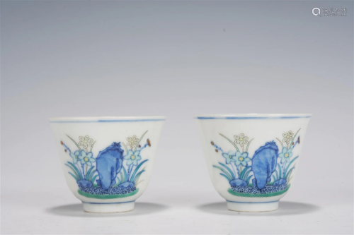 Pair of Chinese Doucai Rock and Flowers Cups