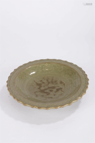 Chinese Ming Celadon Brown Engraved Dish