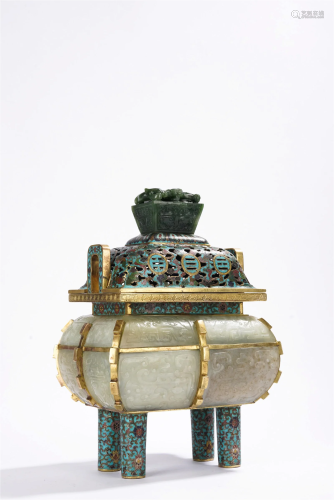 Qing Period Cloisonne Enamel inlaid White jade Ding Censer