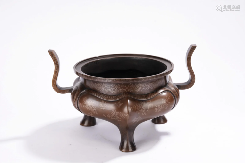 Chinese Bronze inlaid Silver Wire Incense burner
