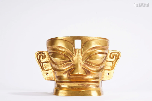 Chinese Archaistic Sanxingdui Style Gilt Copper Mask