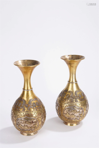 Pair of Chinese Gilt Silver Landscape Vases