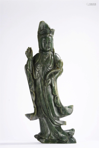 Massive Minguo Green Jade Guanyin Statue