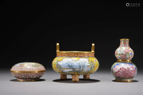 Chinese Qing Antique Canton Enamel Incense Garniture Set