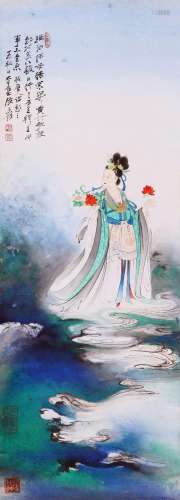 CHINESE SCROLL PAINTING OF BEAUTY ON CLOUD SIGNED BY ZHANG D...