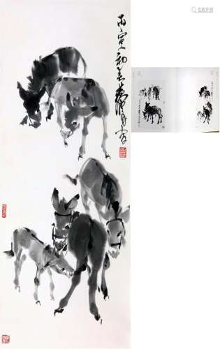 CHINESE SCROLL PAINTING OF DONKEY SIGNED BY HUANG ZHOU WITH ...