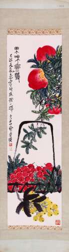 CHINESE SCROLL PAINTING OF FRUIT IN BASKET SIGNED BY QI BAIS...