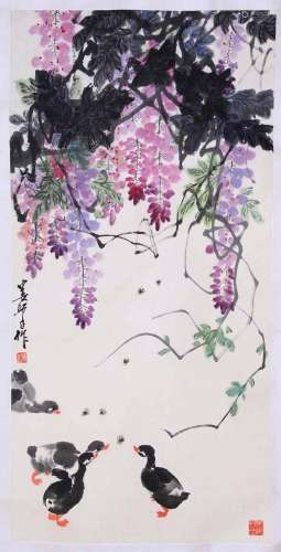 CHINESE SCROLL PAINTING OF DUCK AND FLOWER SIGNED BY LOU SHI...