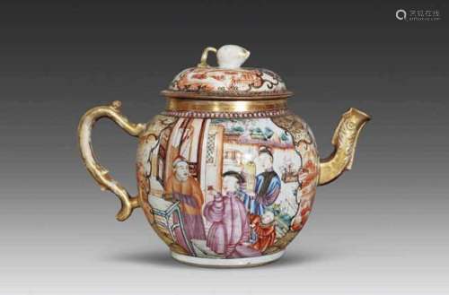 CHINESE PORCELAIN FAMILLE ROSE FIGURES AND STORY TEA POT MID...