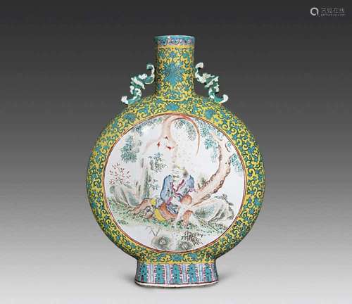 CHINESE PORCELAIN FAMILLE ROSE LOHAN UNDER TREE MOONFLASK VA...