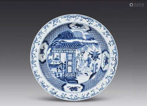 CHINESE PORCELAIN BLUE AND WHITE FIGURE AND STORY PLATE QING...