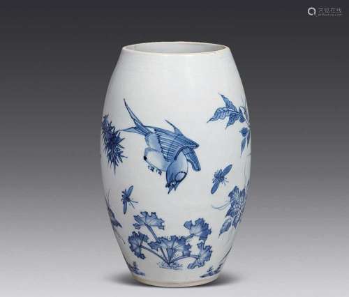 CHINESE PORCELAIN BLUE AND WHITE BIRD AND FLOWER QING DYNAST...