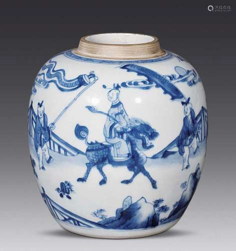 CHINESE PORCELAIN BLUE AND WHITE MAN ON BEAST JAR QING DYNAS...