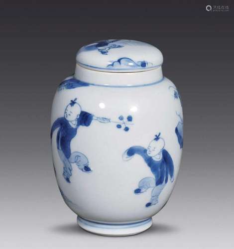 CHINESE PORCELAIN BLUE AND WHITE BOY PLAYING LIDDED JAR QING...