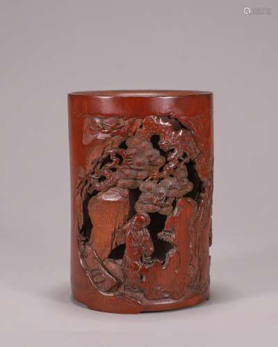 CHINESE BAMBOO CRAVED MAN UNDER PINE SCHOLAR BRUSH POT