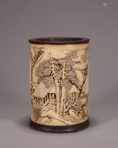 CHINESE HORN CARVED MAN IN MOUNTAIN SCHOLAR BRUSH POT