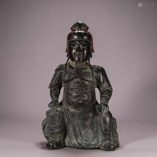CHINESE BLACK BRONZE FIGURE OF SEATED WARRIOR GENERAL
