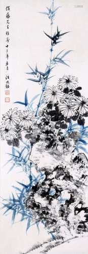 CHINESE SCROLL PAINTING OF FLOWER AND ROCK SIGNED BY WANG ZH...
