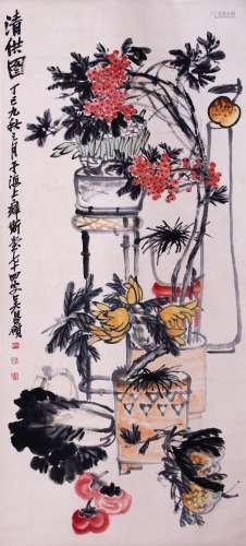 CHINESE SCROLL PAINTING OF FLOWER IN VASE SIGNED BY WU CHANG...