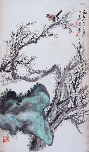 CHINESE SCROLL PAINTING OF BIRD AND FLOWER SIGNED BY YANG PE...