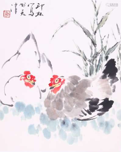CHINESE SCROLL PAINTING OF TWO CHICKEN SIGNED BY XIAOLANG