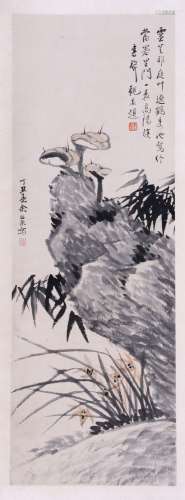 CHINESE SCROLL PAINTING OF LINGCHI AND ROCK SIGNED BY YU SHA...