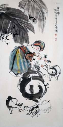 CHINESE SCROLL PAINTING OF GIRL AND RAM SIGNED BY CHENG SHIF...