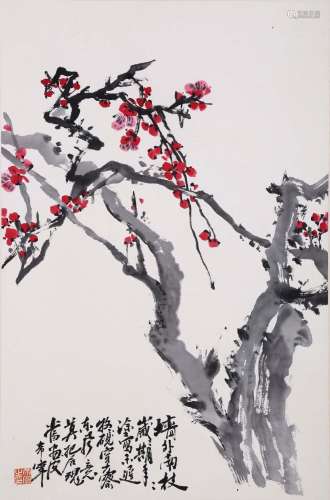 CHINESE SCROLL PAINTING OF PLUM BLOSSOMMINGS SIGNED BY YU XI...