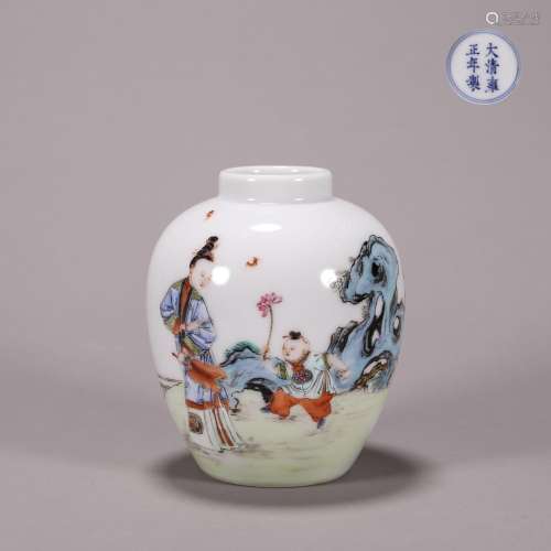 CHINESE PORCELAIN FAMILLE ROSE BEAUTY AND BOY IN GARDEN WATE...