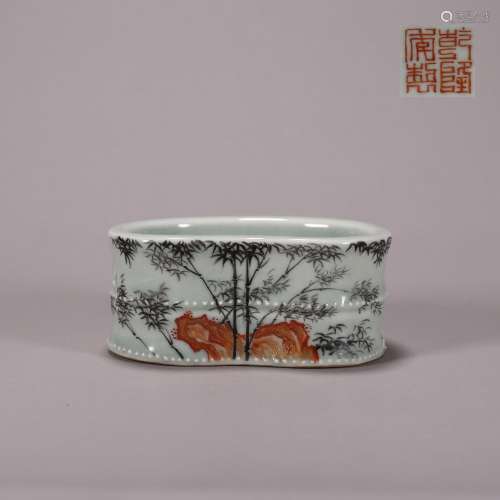 CHINESE PORCELAIN IRON RED AND INK PAINTED BAMBOO AND ROCK S...