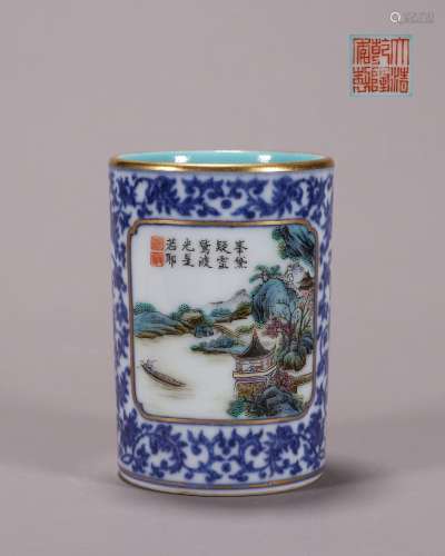 CHINESE PORCELAIN BLUE AND WHITE FAMILLE ROSE LAKEVIEW SCHOL...