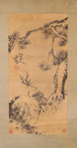 A Fine Deer Scroll Painting By Badashanren