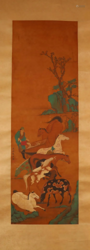 A Delicate Drinking Horse Scroll Painting By Zhao Mengfu