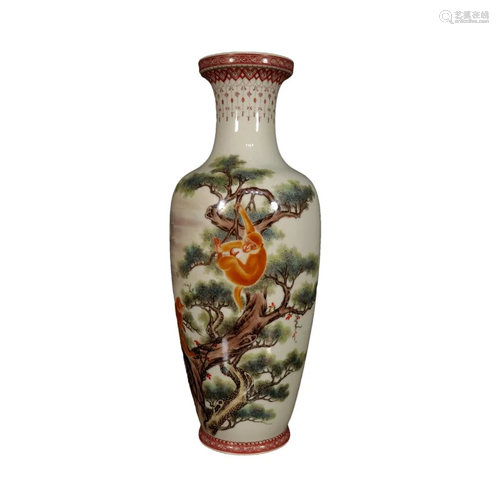 A Famille-Rose Auspicious Monkey Poem Vase