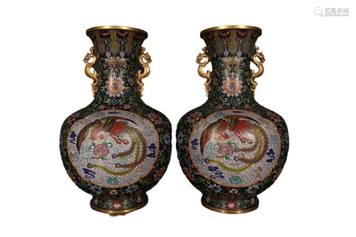 A Delicate Pair of Copper Gilt Cloisonne Enamel Flower Phoen...