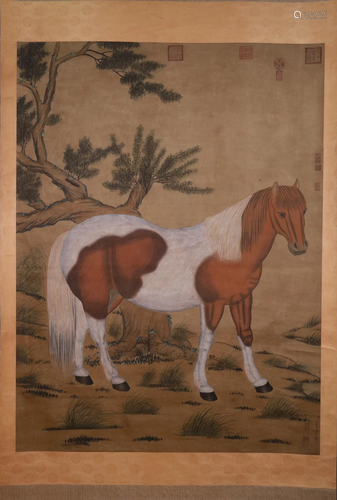 A Gorgeous Horse Silk Scroll Painting By Lang Shining