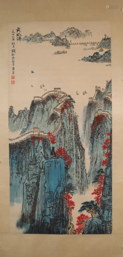 A Wonderful View of the Great Wall Scroll Painting Made By Q...