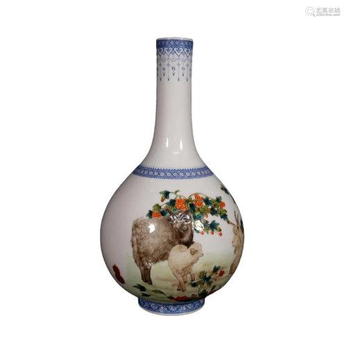 A Fine Enamel "Three Sheep Kai Tai" Vase