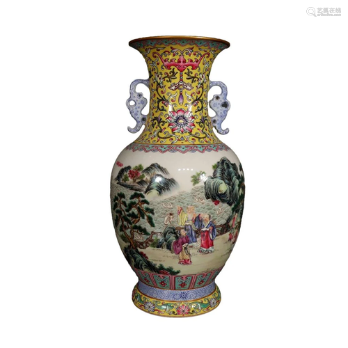 A Gorgeous Famille-Rose Character Story Double-Ear Vase