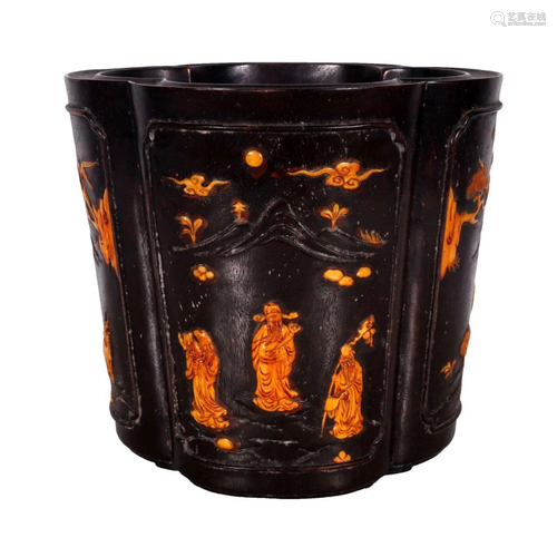 A Fine Zitan Wood Inlaid Carved Figure Brush Pot