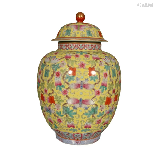 A Wonderful Yellow-Ground Famille Rose Gourd Pot