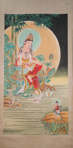 A Fine Figure of Buddha Silk Scroll Painting By Ding Yunpeng