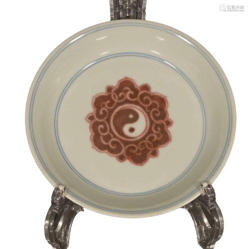 A Gorgeous Blue And White Glaze-Red Lingzhi Plate