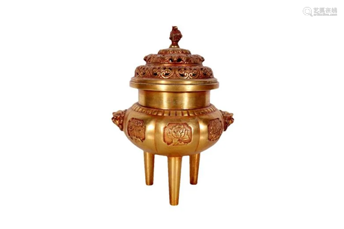 A Lovely Copper Gilt Flower Tripod Ding-Form Censer