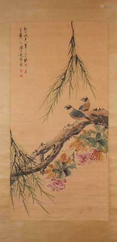 A Gorgeous Flower& Bird Scroll Painting By Yan Bolong