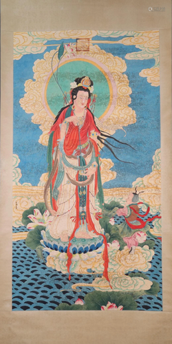 A Wonderful Figure of Buddha Silk Scroll Painting By Ding Yu...