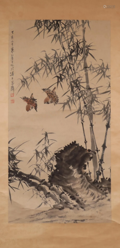 A Wonderful Bamboo& Bird Scroll Painting By Jiang Hantin...