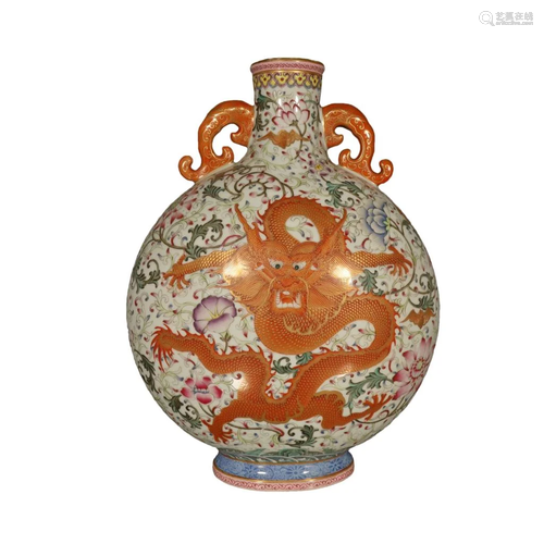 A Wonderful Famille-rose Flower Dragon Flat Bottle