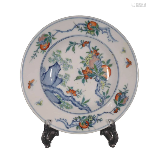 A Delicate Blue And White DouCai Longevity Peach Plate